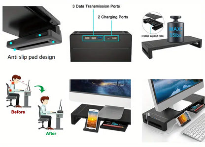 Ultimate Monitor Stand Riser: USB Hub, Data Port, and TYPE-C Charging Powerhouse-2