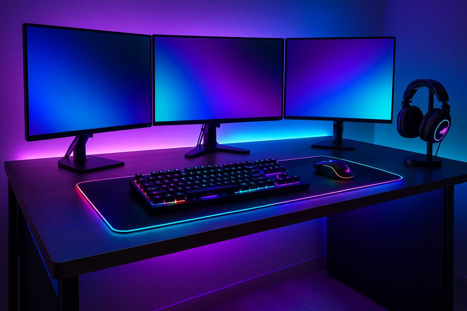 a gaming setup focused on the desk quality and RGB illumination