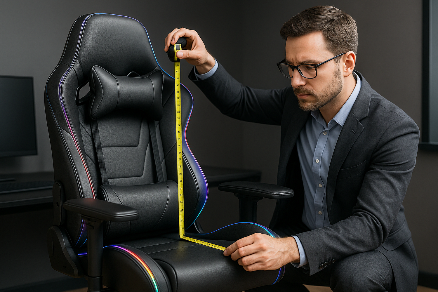 A man holding a measure tape and looking a his premium gaming chair