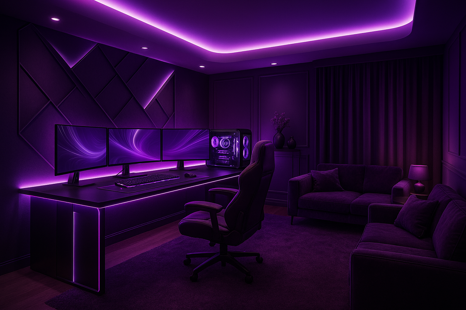 A purple themed gamer room luxirious