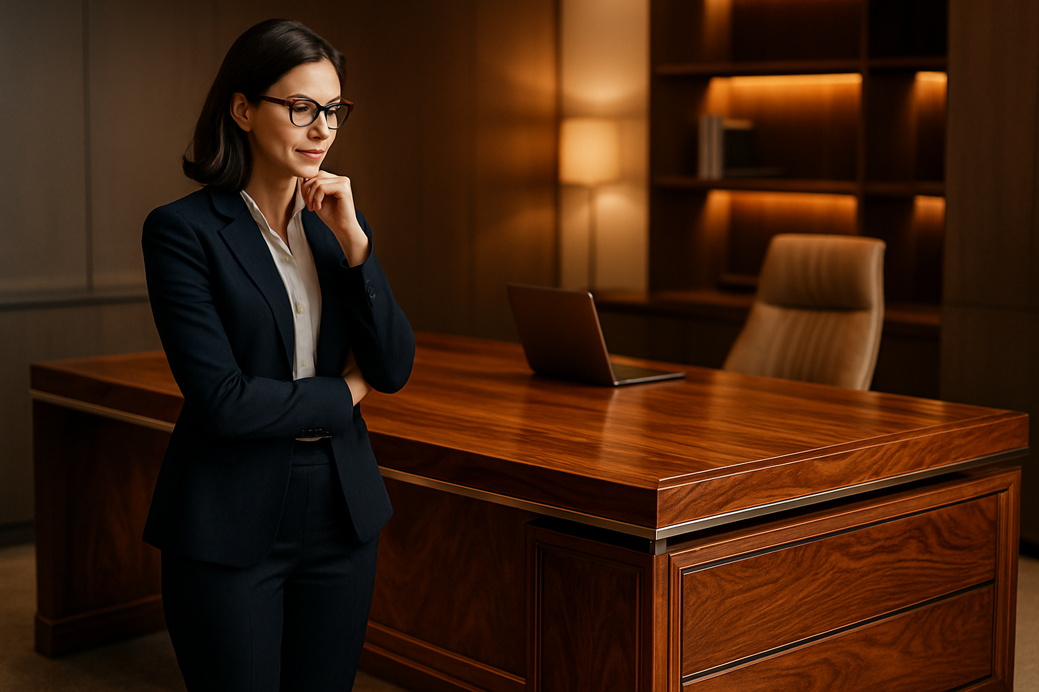 a women thinking about her new acquisition a premium desk