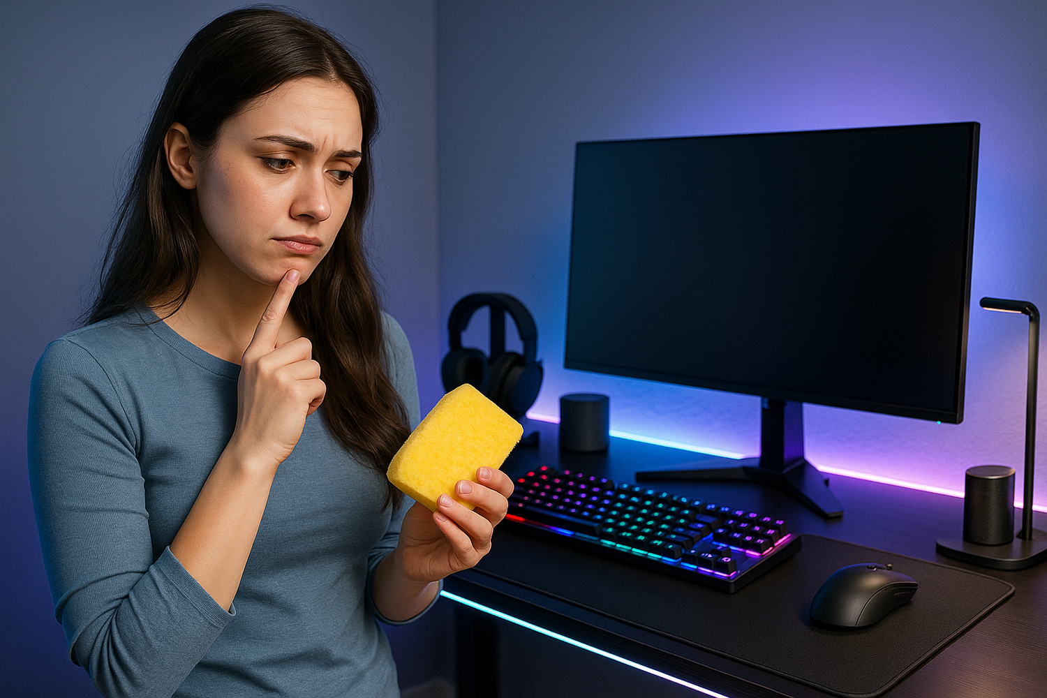 A women youth holding a sponge looking at her premium gaming desk wtih a thinking expression