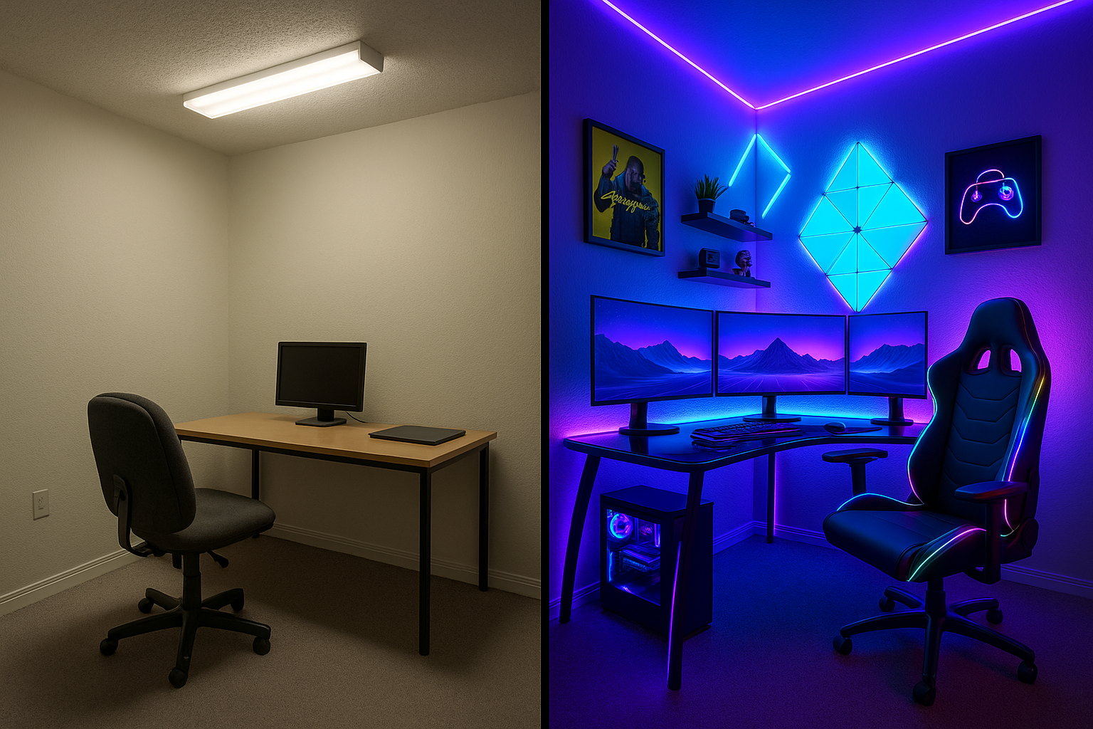 almost there, now in the before half change for a poor chair and change de desk for a simpler one too.. in the after half put some decorations on the wall too 