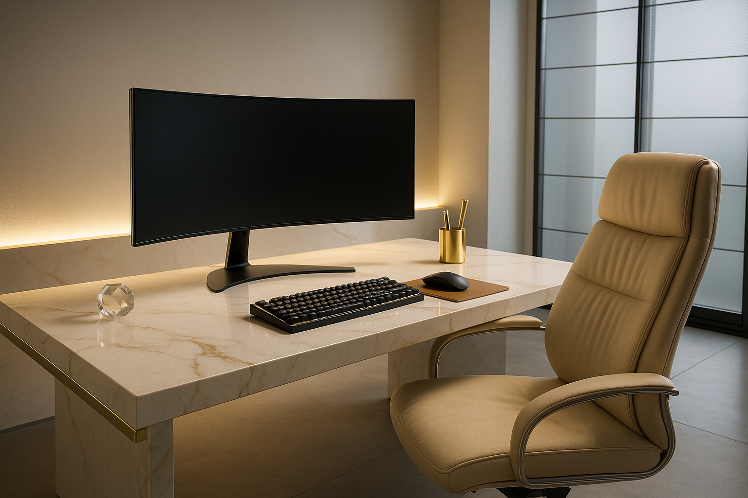 Clean Work Space with a clean illumination that brings the idea of luxury "luxury meets tech"