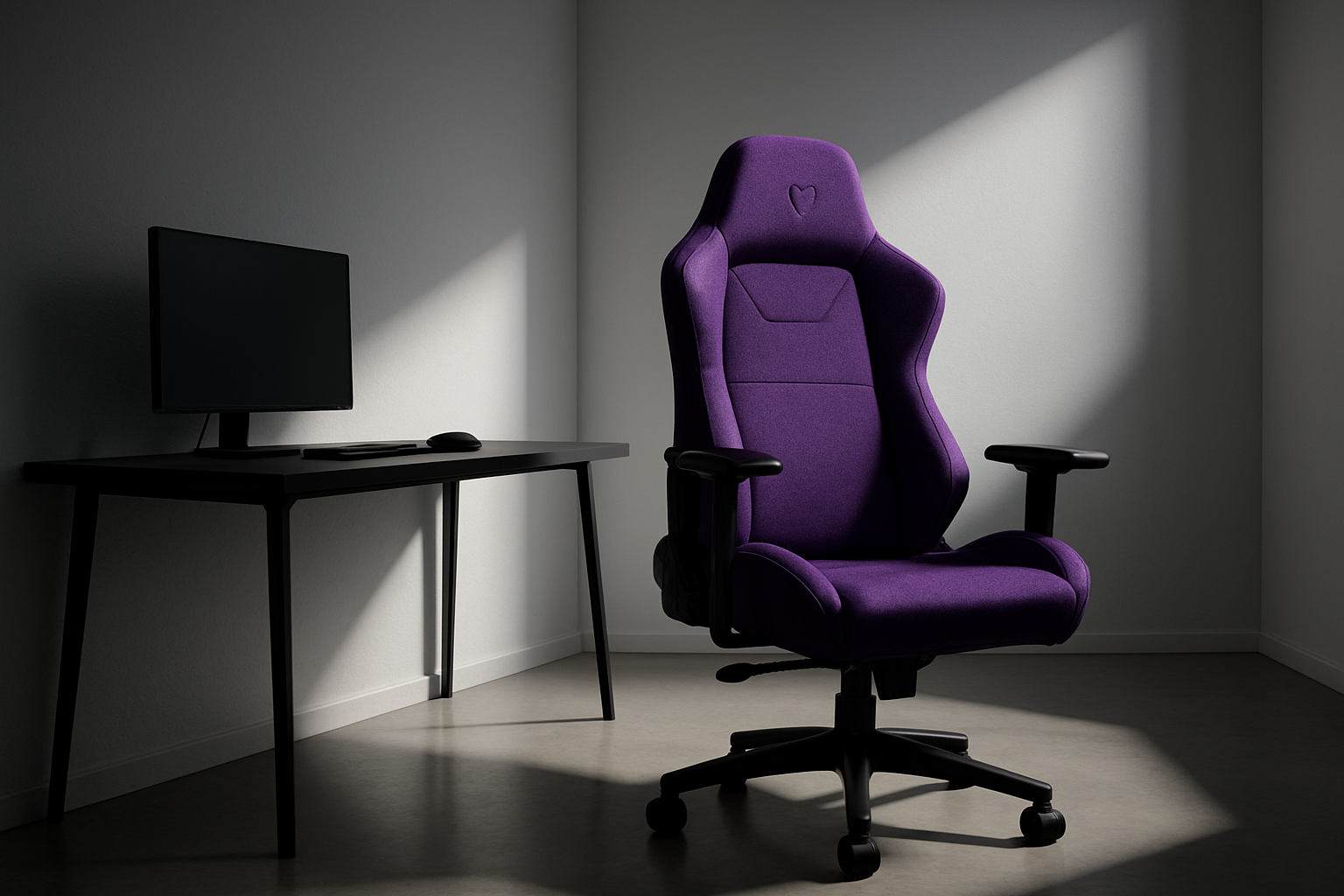 Foto de um espaço minimalista com uma peça central chamativa (cadeira gamer roxa, mesa clean, iluminação dramática).