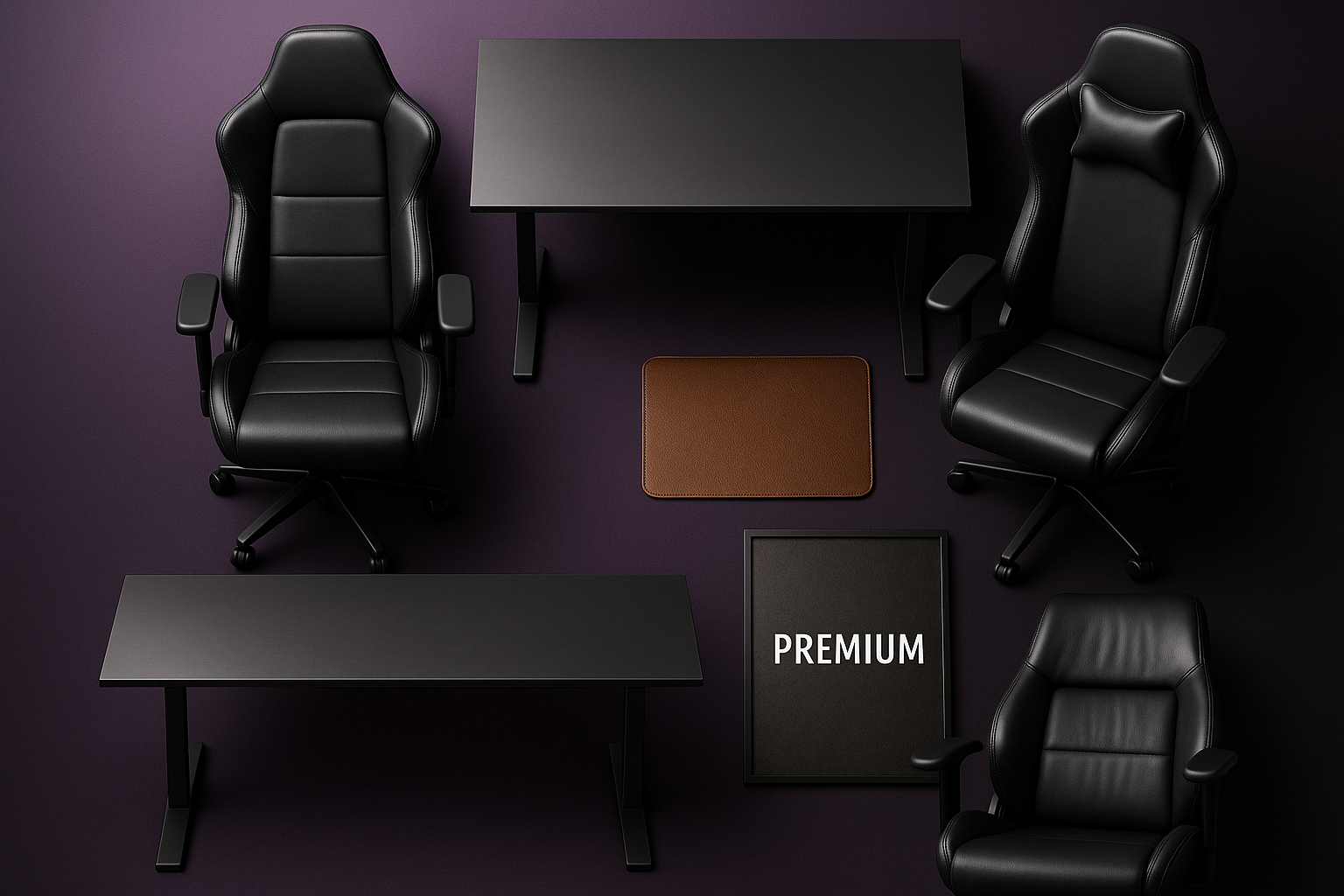 Foto estilo flat lay de vários produtos (Cadeiras Gamers, Mesas modernas de luxo, mouse Pads de couro, Posteres premium)  dispostos em fundo roxo e preto.