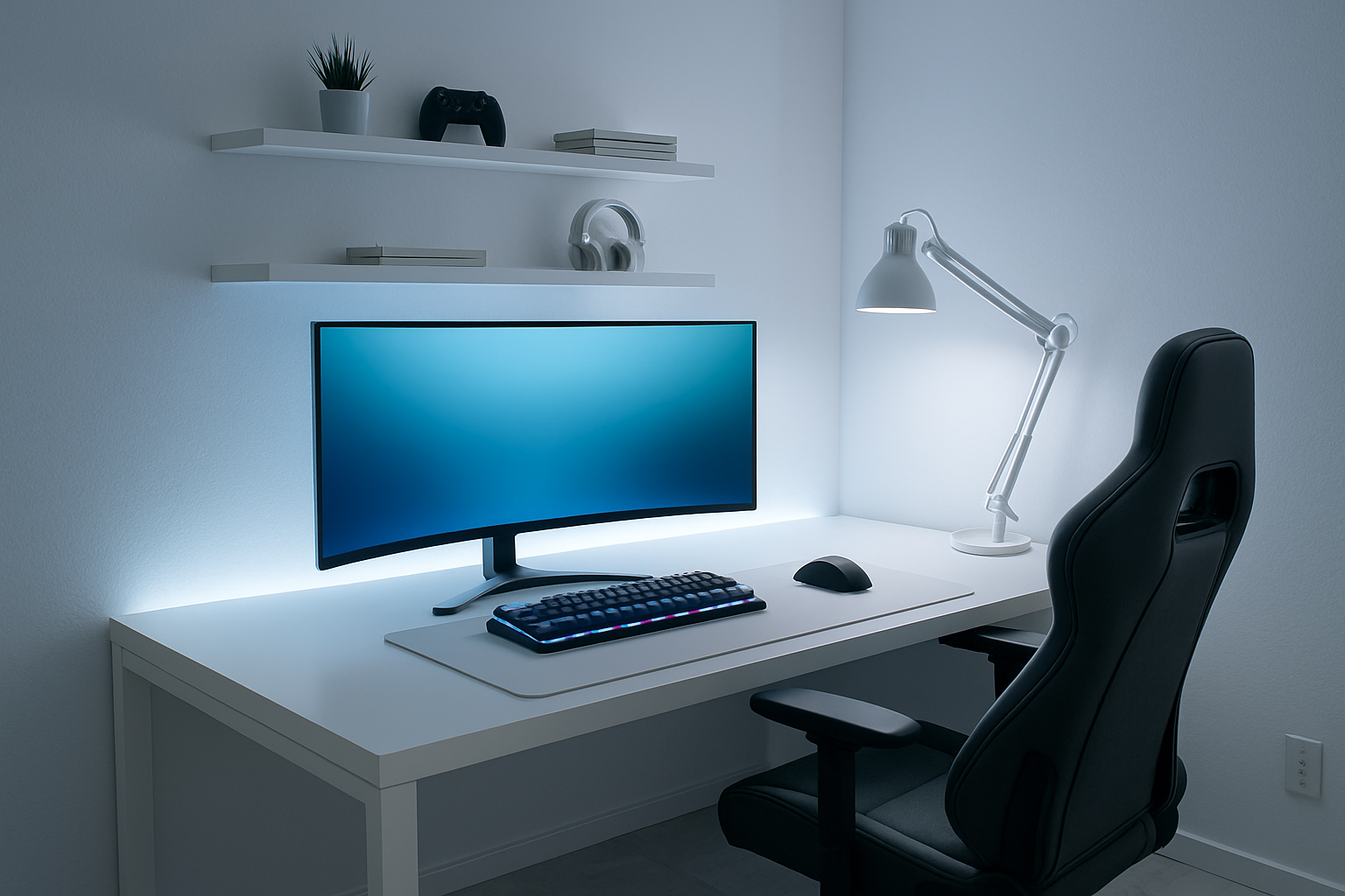 Give me a really clean gamer room focusing on the clean e modern desk and illumination