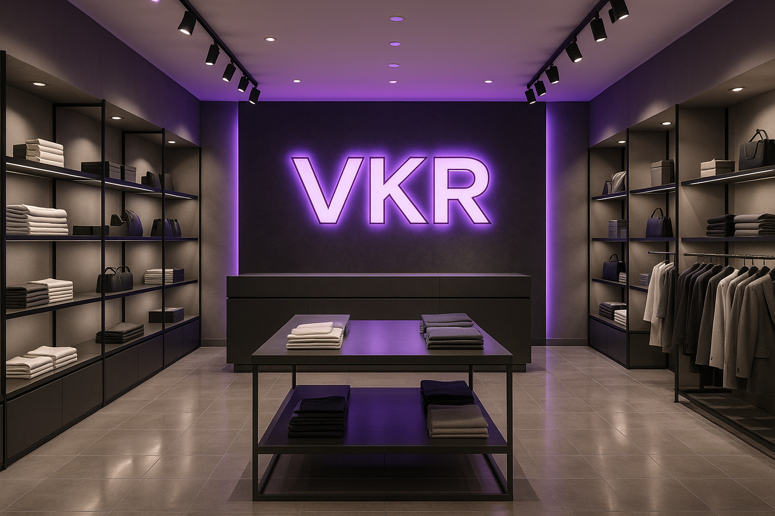 lets take a step back, stick with reality and give me a storeu with our logo VKR and a purple illumination