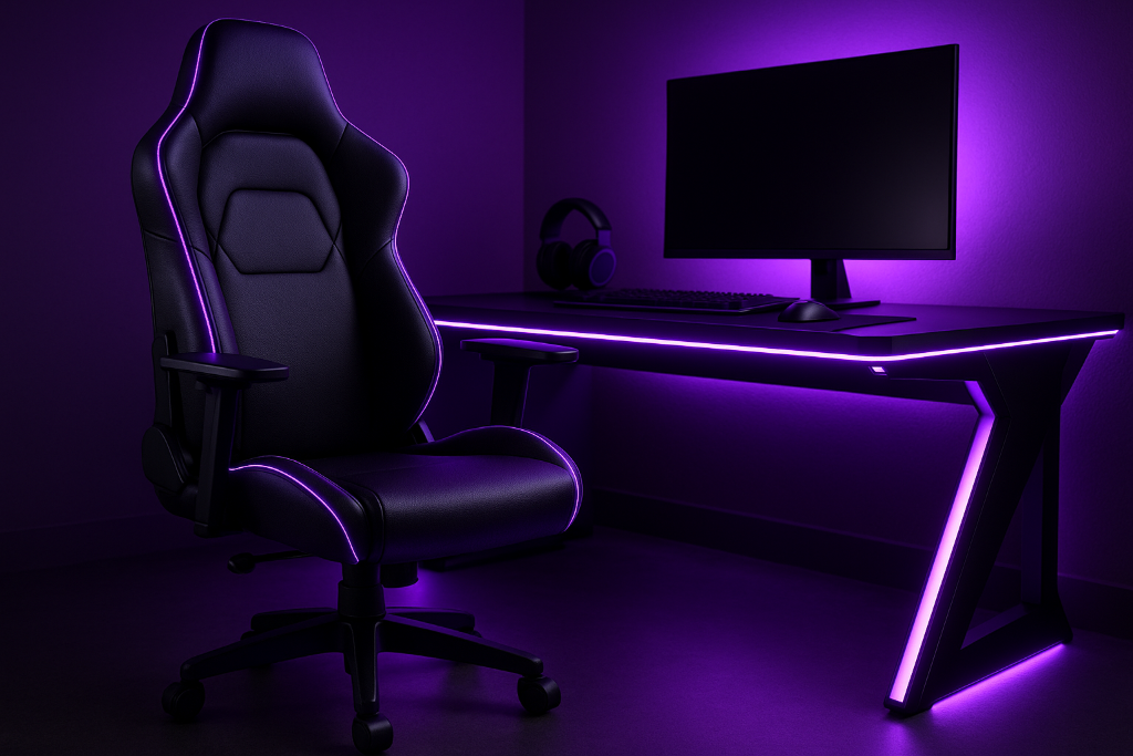 Premium desk and gaming chair with a lighting from (#8B6BF1